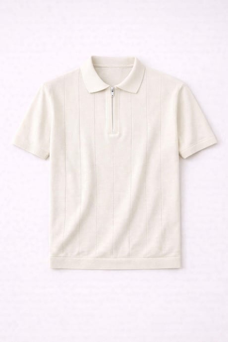 Ritchie Fermuarlı Polo Yaka Dikey Çizgili Kısa Kollu İnce Triko Erkek T-Shirt - Bej