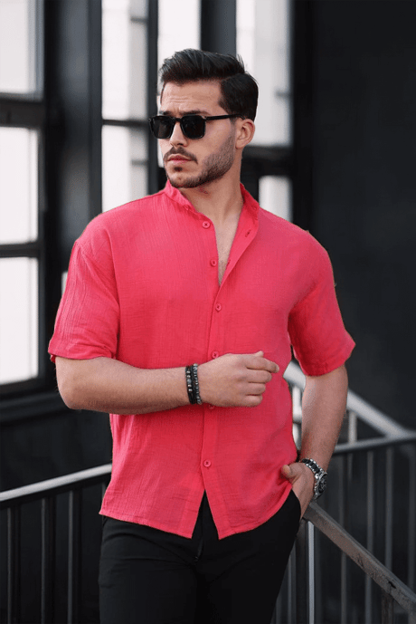 Hakim Yaka Müslin Kumaş Kısa Kol Gömlek - Nar