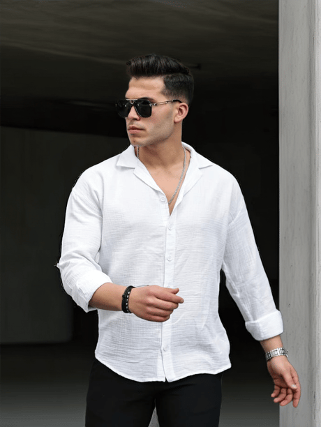 Apaş Yaka  Oversize Müslin Kumaş Gömlek - Beyaz