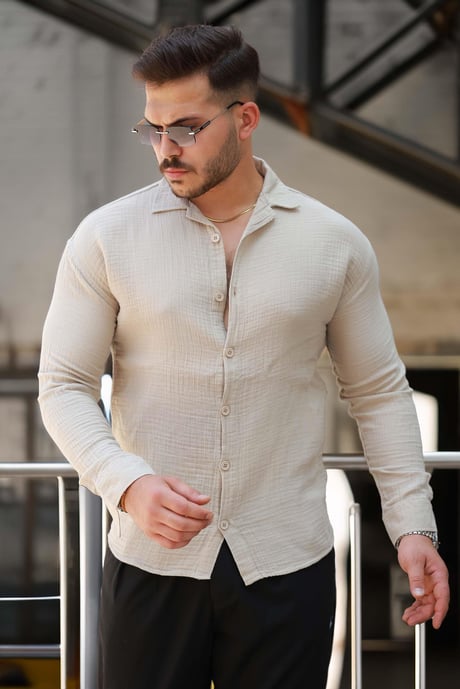 Apaş Yaka Oversize Müslin Kumaş Gömlek - Bej