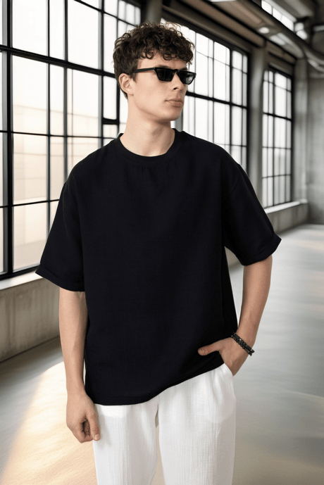 Rahat Kalıp Müslin Kumaş Erkek T-Shirt - Siyah
