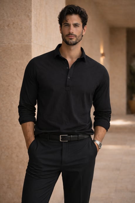 Yarım Pat Yakalı York Pamuk Kumaşlı Uzun Kollu Erkek Gömlek - Siyah