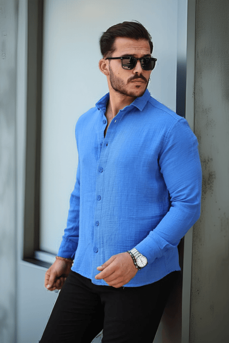 Nefes Alabilir Yarım Oversize Müslin Kumaş Uzun Kol Yakalı Erkek Gömlek - Parlement Mavi