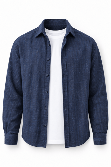 Pixel Relaxed Fit Pamuklu Mikro Çizgili Flanel Erkek Gömlek - Lacivert