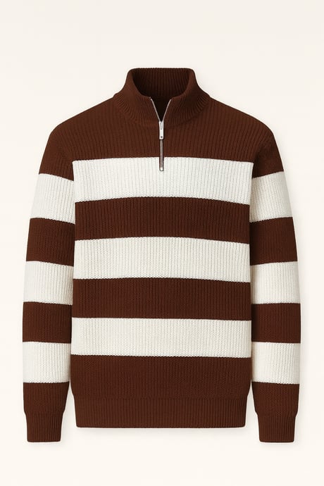 Pedro Oversize Çizgili Selanik Örgülü Yarım Fermuar Triko Erkek Kazak - Kahve