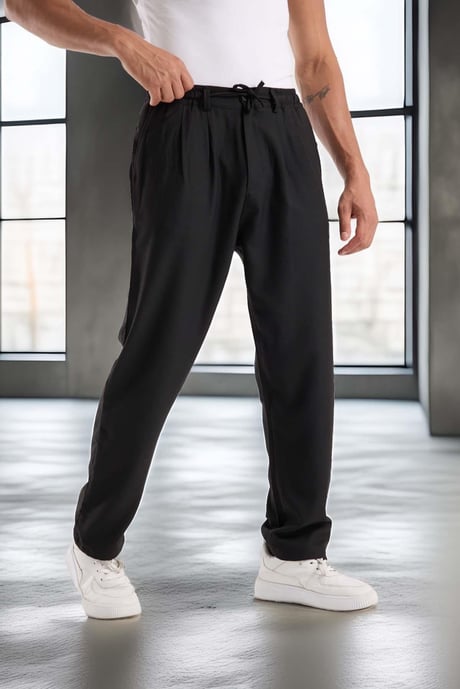 Bezayağı Kumaş Relax Fit Duble Paça Jogger Pantolon - Siyah