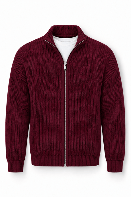 Woody Relaxed Fit Selanik Örme Fermuarlı Erkek Hırka - Bordo