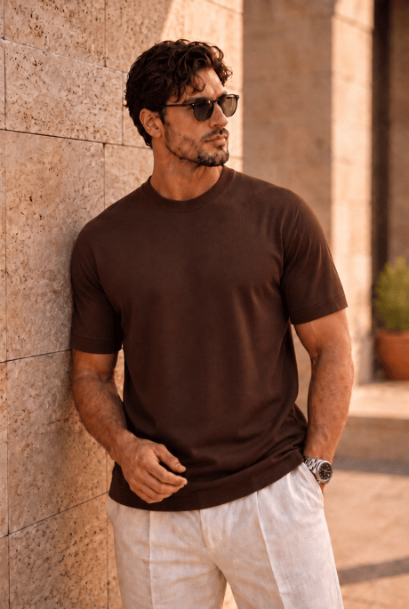 Kwon Bisiklet Yaka Basic Kısa Kollu İnce Triko Erkek T-Shirt - Kahve