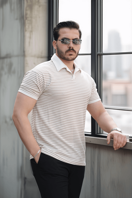 Çizgili Örme Desenli Polo Yaka Erkek T-Shirt - Bej