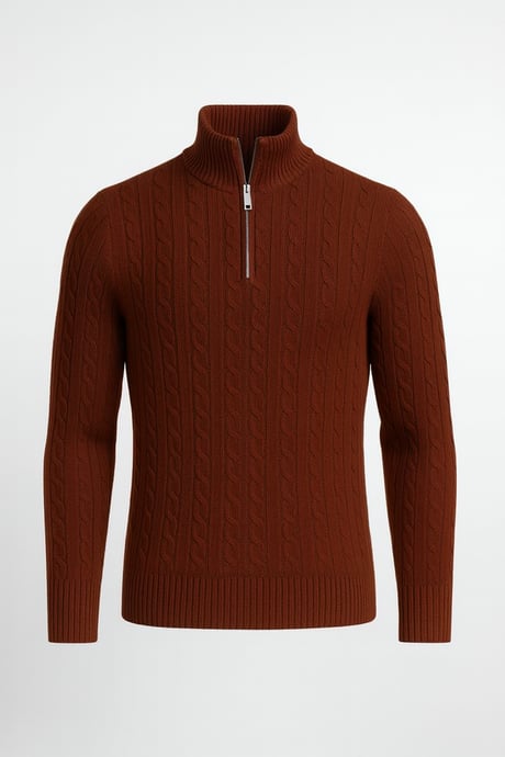 Bardem Saç Örgülü Yarım Fermuar Erkek Triko Kazak - Kahve