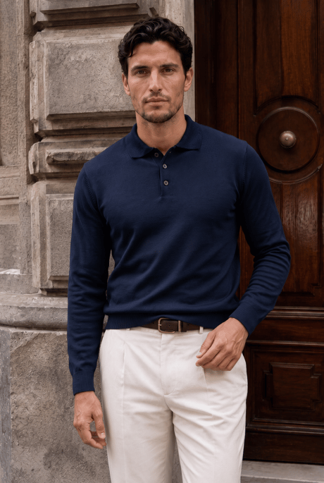 Portofino Premium Düğmeli Polo Yaka İnce Erkek Triko Kazak - Lacivert