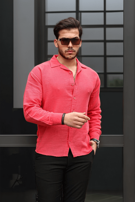 Apaş Yaka Oversize Müslin Kumaş Gömlek - Kırmızı