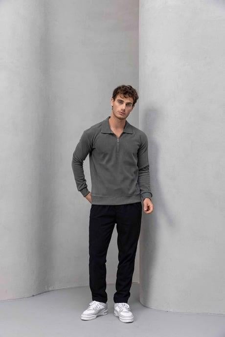 Eric Relax Fit Yarım Fermuar Polo Yaka Selanik Sweatshirt Avcı Yeşili - Akira Örme Pike Kumaş Pantolon Siyah