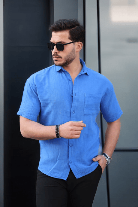 Müslin Kumaş Tek Cepli Gömlek- Parlement Mavi