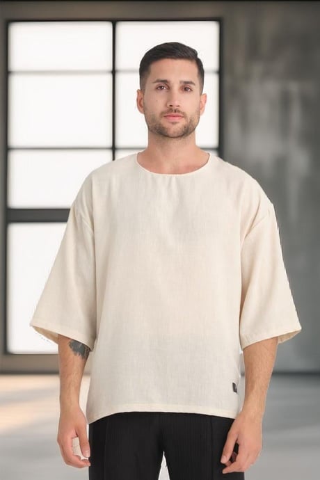 Bisiklet Yaka Fakir Kol Oversize Kısa Kol T-shirt - Bej