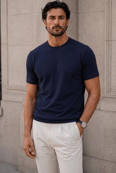 Kwon Bisiklet Yaka Basic Kısa Kollu İnce Triko Erkek T-Shirt - Lacivert