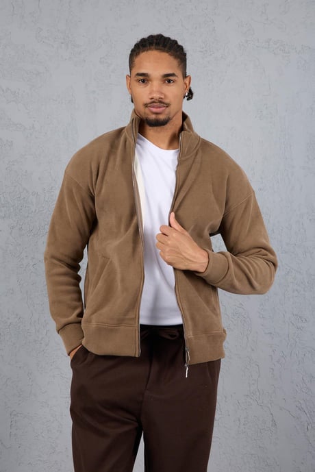 Ron Selanik Örme İçi Peluş Çift Fermuarlı Dik Yaka Erkek Hırka Sweatshirt  - Vizon