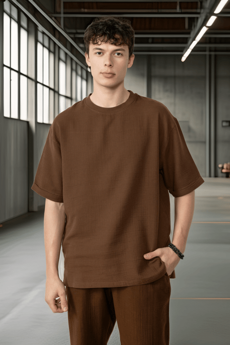 Rahat Kalıp Müslin Kumaş Erkek T-Shirt - Kahve