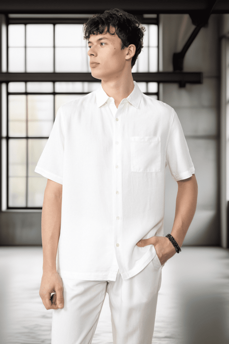 Tek Cepli Pamuk Kumaş Doğal Dokulu Oversize Erkek Gömlek - Ekru