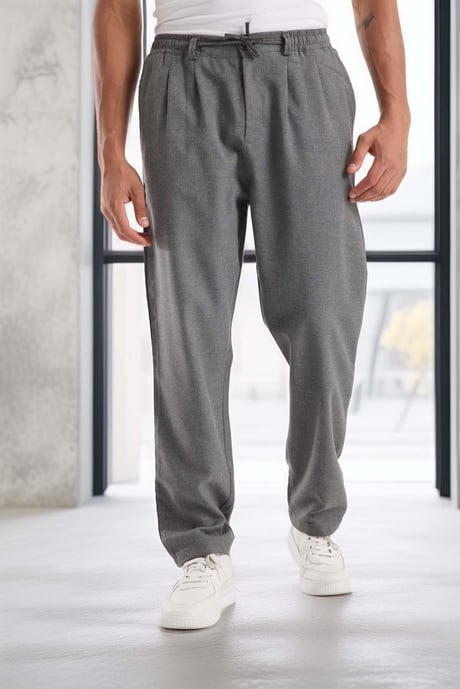 Bezayağı Kumaş Relax Fit Duble Paça Jogger Pantolon - Gri
