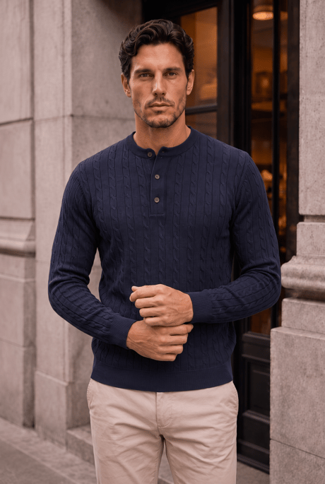 Bergamo %100 Akrilik Henley Yaka Saç Örgülü İnce Erkek Triko Kazak - İndigo