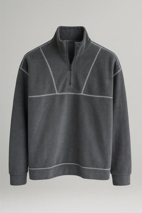 Crowe Çizgi Şeritli Oversize Yarım Fermuar Polar Erkek Sweatshirt - Füme
