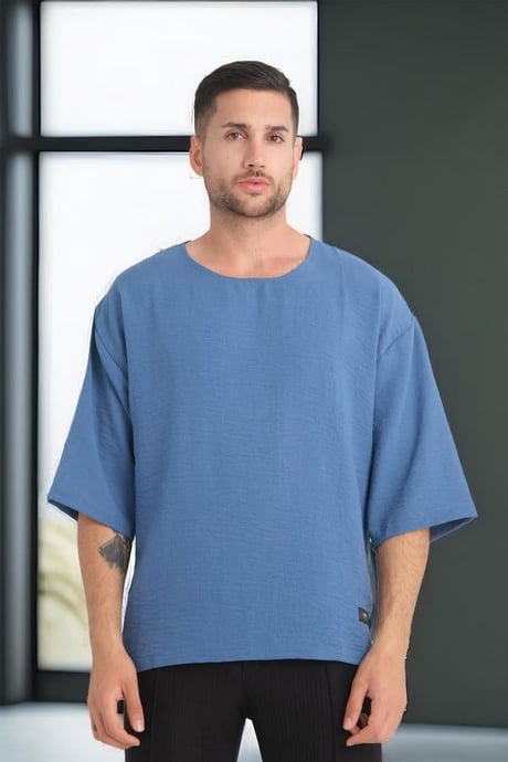 Bisiklet Yaka Fakir Kol Oversize Kısa Kol T-shirt - Mavi