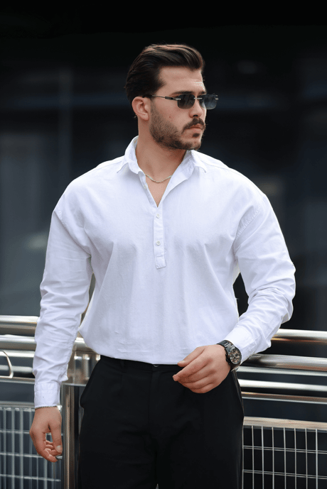 Yarım Pat Yakalı York Pamuk Kumaşlı Uzun Kollu Erkek Gömlek - Beyaz