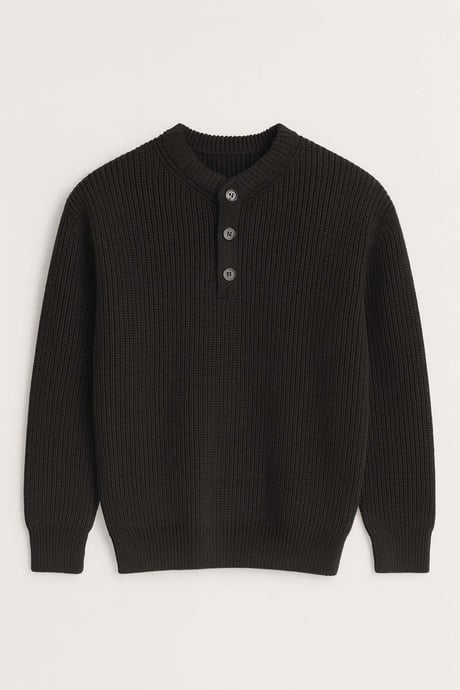 Wes Selanik Örgü 3 Düğmeli Yarım Pat Rahat Kalıp Erkek Triko Kazak - Siyah