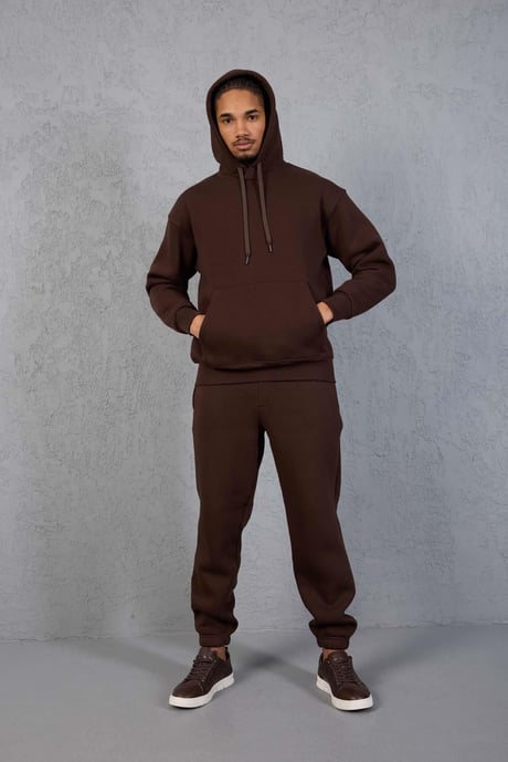 Şardonlu Kanguru Cepli Sweatshirt - 3 İplik Şardonlu Lastik Paça Erkek Eşofman Altı- Eşofman Takımı - Kahve