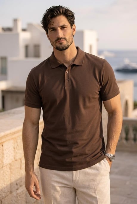 Orlando Oversize Polo Yaka Pike Kumaş Basic Düğmeli Relaxed Fit Erkek T-Shirt - Kahve