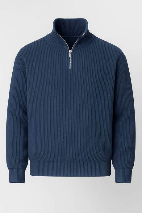Nolan Oversize Selanik Örgü Yarım Fermuar Erkek Triko Kazak - İndigo