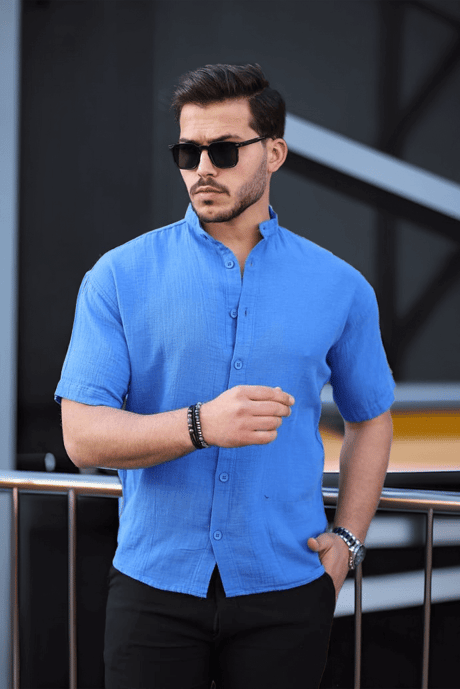 Hakim Yaka Müslin Kumaş Kısa Kol Gömlek - Parlement Mavi