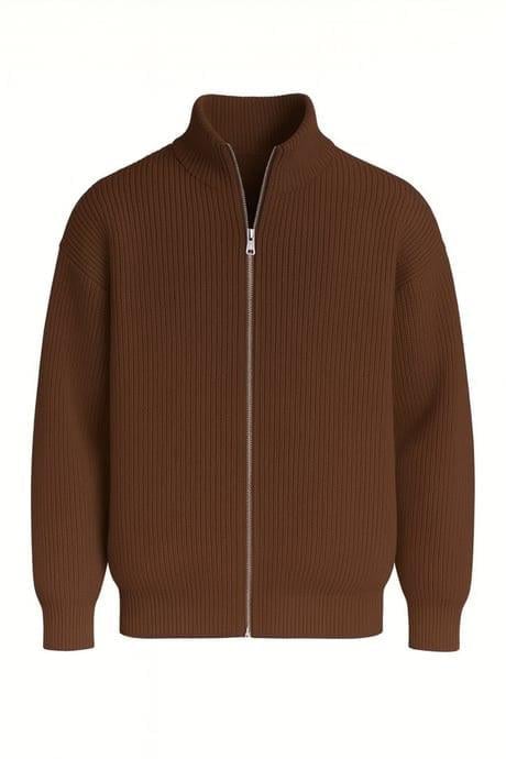 Woody Oversize Selanik Örme Fermuarlı Erkek Hırka- Kahve