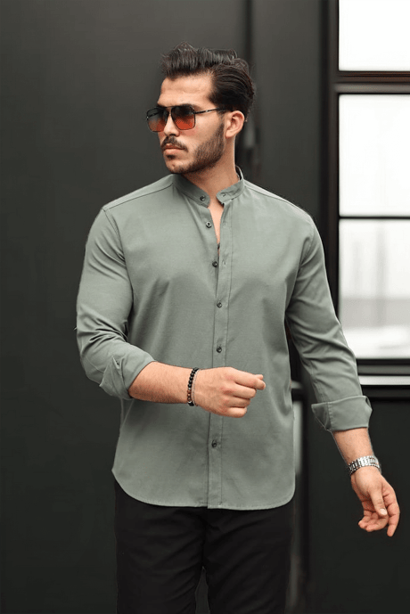 Hakim Yaka Oxford Kumaş Uzun Kol Gömlek - Haki