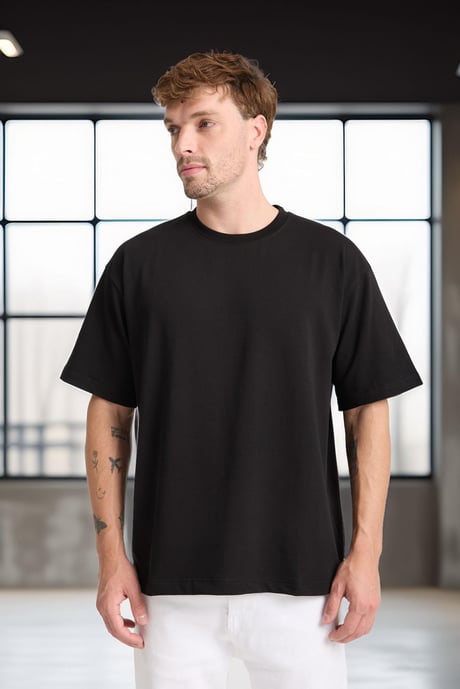 İki İplik Kumaş Pamuklu Bisiklet Yaka Basic Oversize Erkek T-Shirt - Siyah