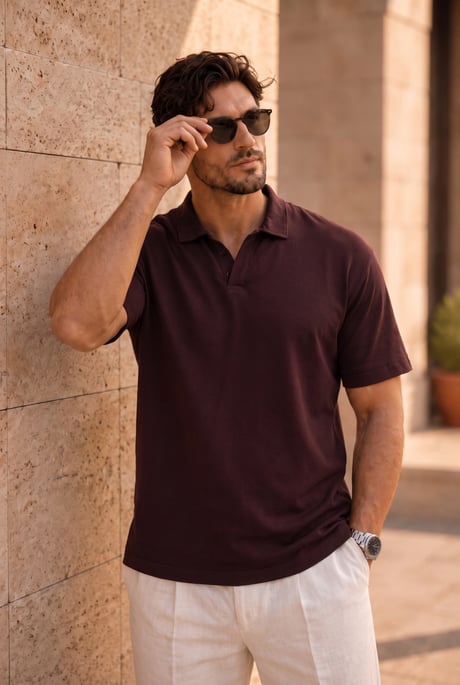 Rohmer Relax Fit V-Pat Polo Yaka Likralı Pamuk Erkek T-Shirt - Bordo