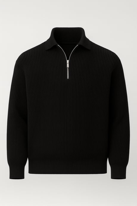 Gibson Oversize Yarım Fermuar Gömlek Polo Yaka Selanik Örme Erkek Triko Kazak - Siyah