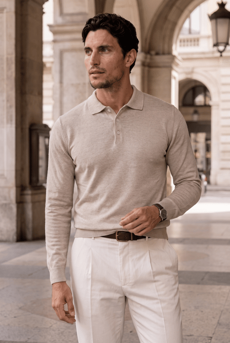 Portofino Premium Düğmeli Polo Yaka İnce Erkek Triko Kazak - Çakıl Taşı