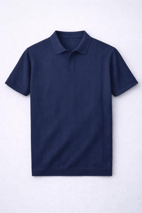 Elatus Çizgili V Yaka İnce Triko Relaxed Fit Polo Yaka Erkek T-Shirt - Lacivert