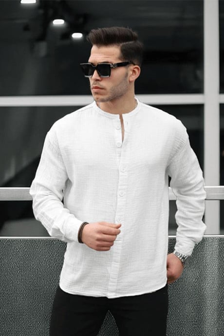 Hafif ve Nefes Alabilir Erkek Müslin Yarım Pat Hakim Yaka Oversize Gömlek - Beyaz