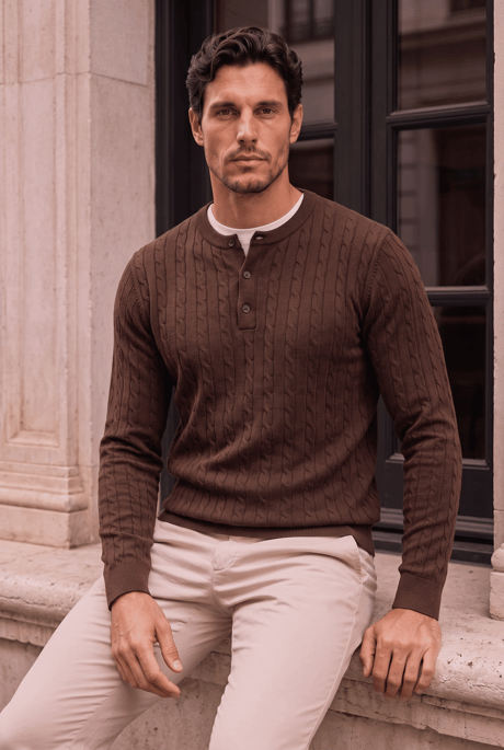 Bergamo %100 Akrilik Henley Yaka Saç Örgülü İnce Erkek Triko Kazak - Kahve
