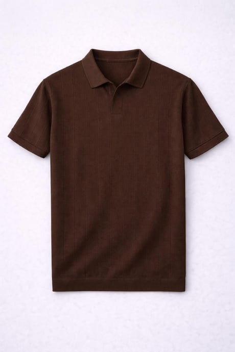 Elatus Çizgili V Yaka İnce Triko Relaxed Fit Polo Yaka Erkek T-Shirt - Kahve