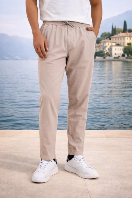 Meridian Kumaş Relaxed Fit %100 Pamuklu Jogger Erkek Yazlık Eşofman Altı Pantolon - Bej