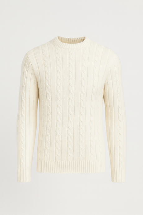 Saç Örgülü Bisiklet Yaka Erkek Triko Kazak - Ekru