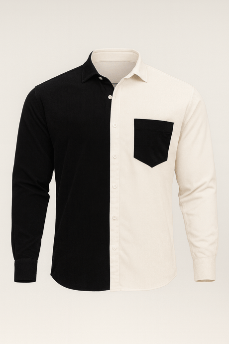 Kontrast Çift Renk Fitilli Kadife Gömlek - Taş