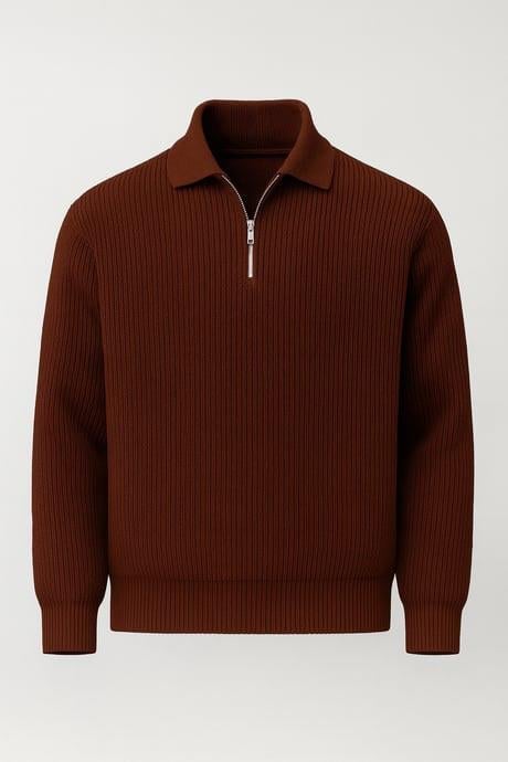 Gibson Oversize Yarım Fermuar Gömlek Polo Yaka Selanik Örme Erkek Triko Kazak - Kahve