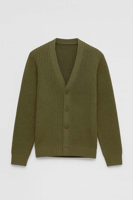 Nopenli Fitil Örgü Düğmeli Hırka - Haki