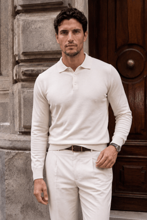 Portofino Premium Düğmeli Polo Yaka İnce Erkek Triko Kazak - Kırık Beyaz