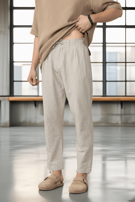 Pamuk Flamli  Rahat Kalıp  Düz Paça Jogger Erkek Pantolon - Bej